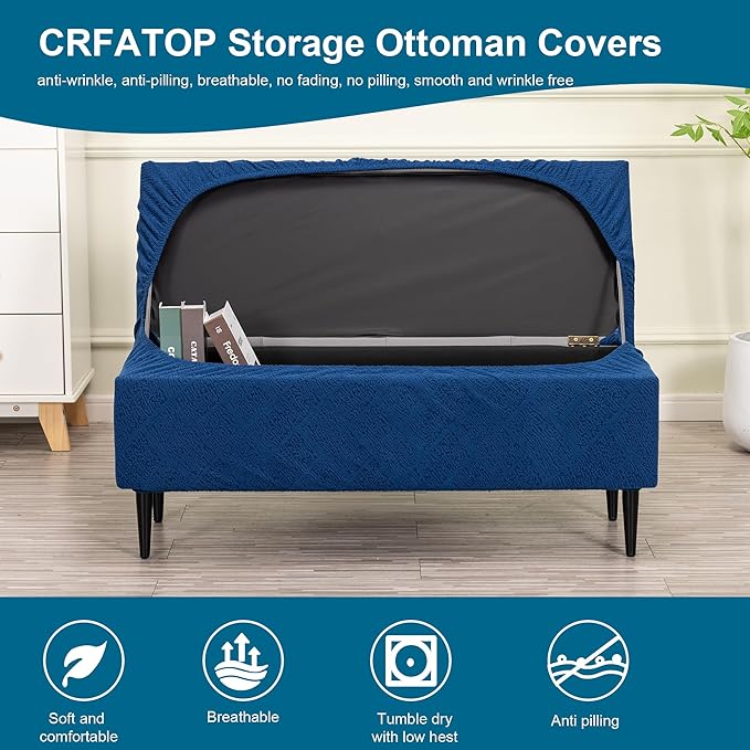 CRFATOP Jacquard Rectangle Ottoman Stool Cover Stretch Folding Storage Footstool Bench Slipcovers Upholstered Foot Chest Chair Covers Washable Entryway Furniture Protector with Elastic Bands,M,Navy