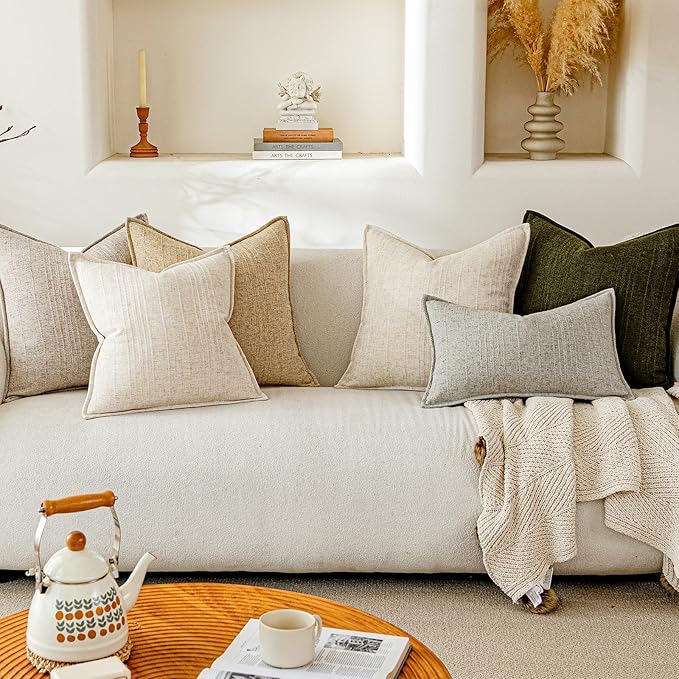 a moment Linen Pillow Covers Set of 2,Boho Farmhouse Throw Pillowcases Neutral Textured Decorative Covers for Couch Sofa, Linen Blend Accent Case Cushion Living Room Home Decor 22"x22" Beige Grey