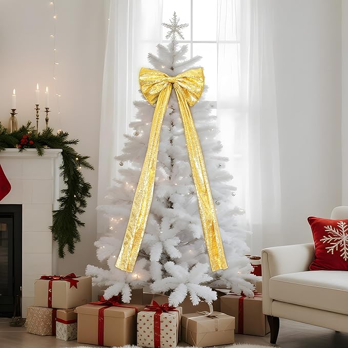 PartyDelight Christmas Tree Topper Bow Decor Gold Sequin Large Bow 16x47 Inchs Ribbon Tie for Xmas Birthday Party Room Decorations Coquette Backdrop Wall Decors