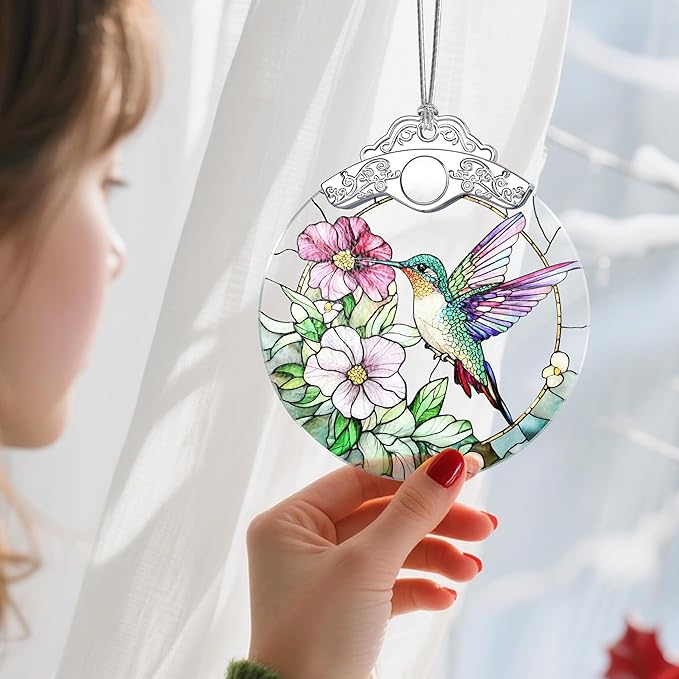 Stained Glass Ornament, Christmas Ornament, Hanging Ornaments for Home Decor & Christmas Tree Ornaments – Exquisite Holiday Decor, Perfect Hummingbird Gifts, Xmas Gifts & Holiday Present - Hummingbird