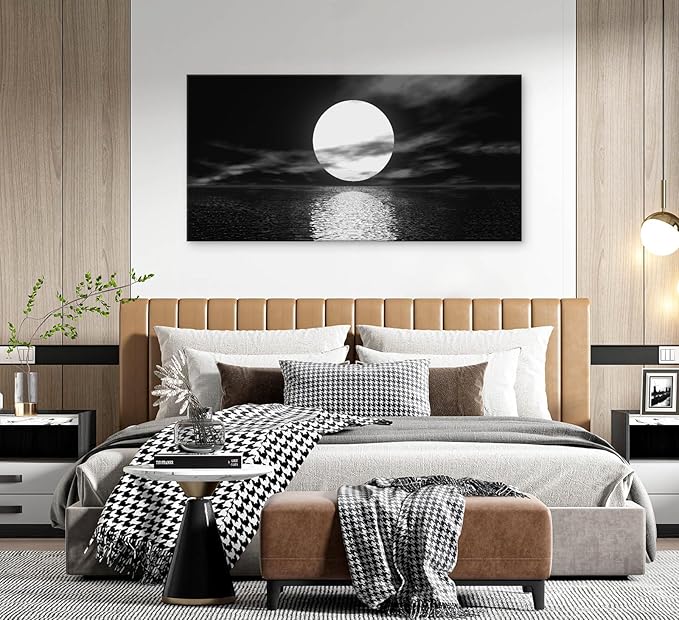 Cao Gen Decor Art S06498 Wall Art Canvas Sea White Full Moon in Night Picture Canvas Poster Print Black and White Ocean for Living Room Bedroom Kitchen Home Decorations Framed Artwork