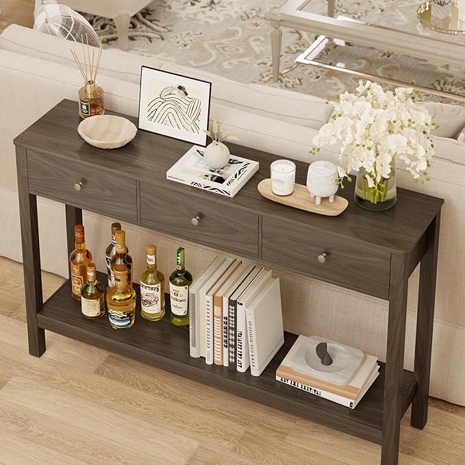 Gizoon Sofa Table with 3 Drawers, Modern Accent Console Table with Open Shelf, Large Storage Space, for Living Room, Front Hall, Entrance Hall, Study Room, Dark Brown