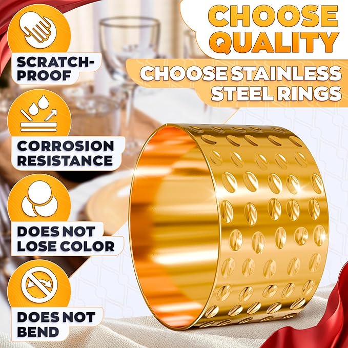 Valentine Hammered Gold Napkin Rings Set of 12 - Classic & Reusable Metal Napkin Ring Holders 1.8"x1.1" for Banquets, Weddings, Family and Holiday Gatherings, Gift Giving & Valentine Table Decoration