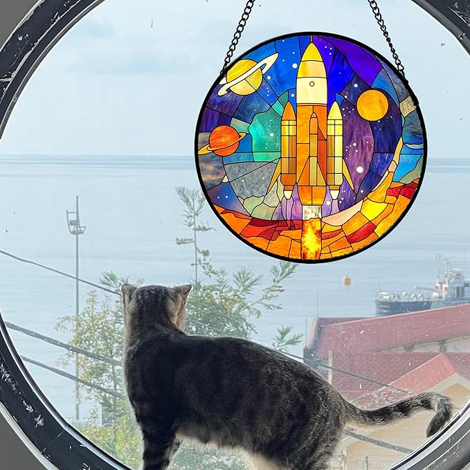 Stained Glass Window Hanging Abstract Universe Planetary Rocket 7.8" - Suncatcher Door Garden Sun Catcher Home Decor Birthday Children's for Men Teenage Boys Kids