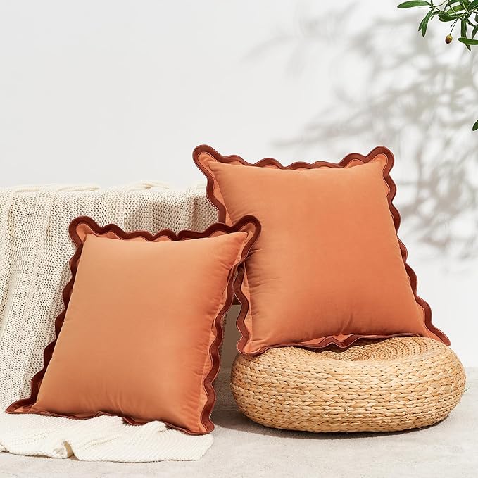 MONDAY MOOSE Decorative Throw Pillow Covers Cushion Cases, Set of 2 Soft Velvet Scalloped Wavy Edge Designs, Mix and Match for Home Decor, Pillow Inserts Not Included (16x16 inch, Rust/Coral)