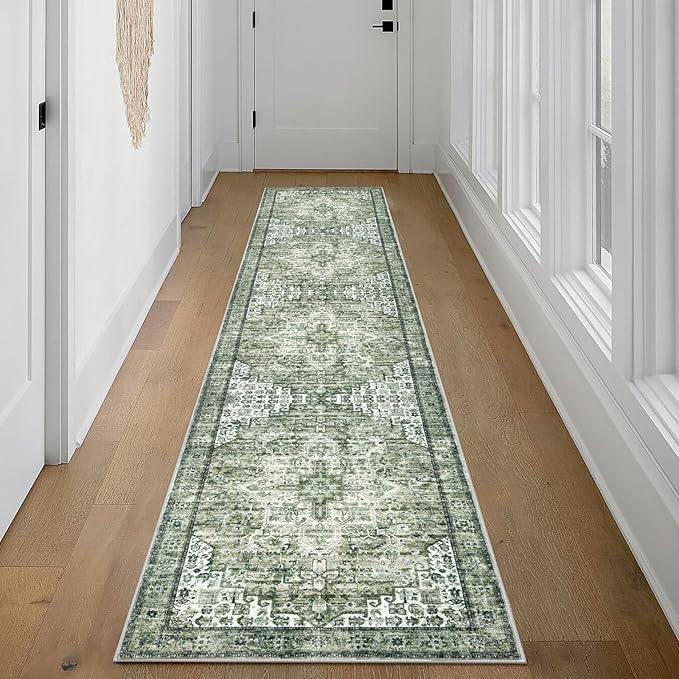 2x10 Runner for Hallways, Green Non-Slip Washable Kitchen Runner, Vintage Boho Runners Printed Rug with Non-Shedding, Soft Medallion Floor Carpet Rugs for Laundry Bedroom Entryway