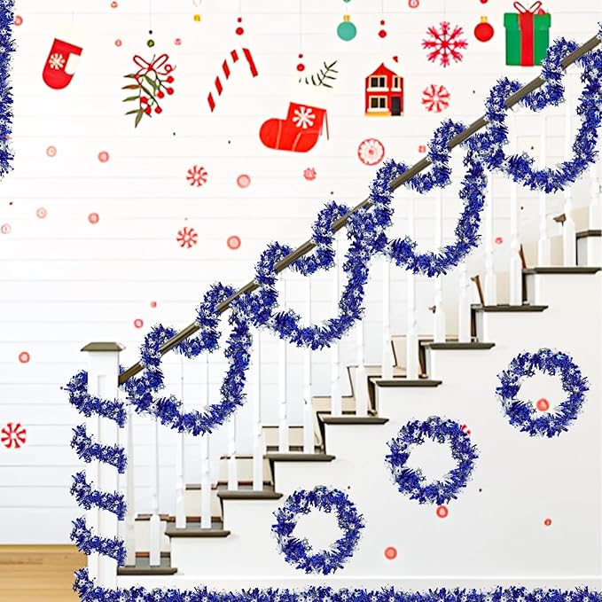 66 Ft Hanukkah Tinsel Garland Blue Metallic Garland with Silver Stars Hanukkah Chanukah Decorations for Outdoor Indoor Holiday Party Christmas Supplies