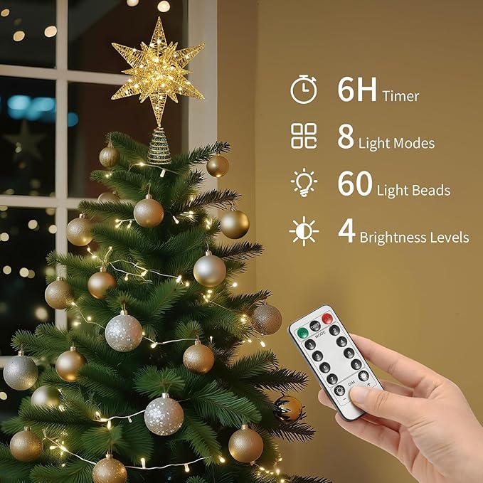 Lewondr Christmas Star Tree Topper, USB Powered Remote Controlled 11 Inch Multilayer Hexagonal Tree Toppers Christmas Decor with 8 Light Modes for Home Holiday Xmas, Timer Function, Gold