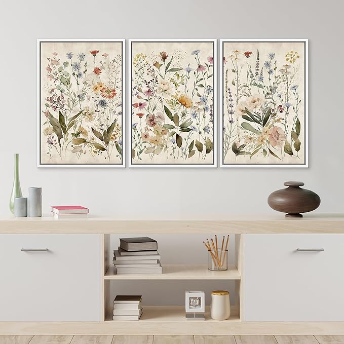 MUDECOR Framed Wall Art Print Set Blooming Wildflowers Illustrations Modern Art Decorative Colorful Chic for Living Room, Bedroom, Office - 16"x24"x3 White