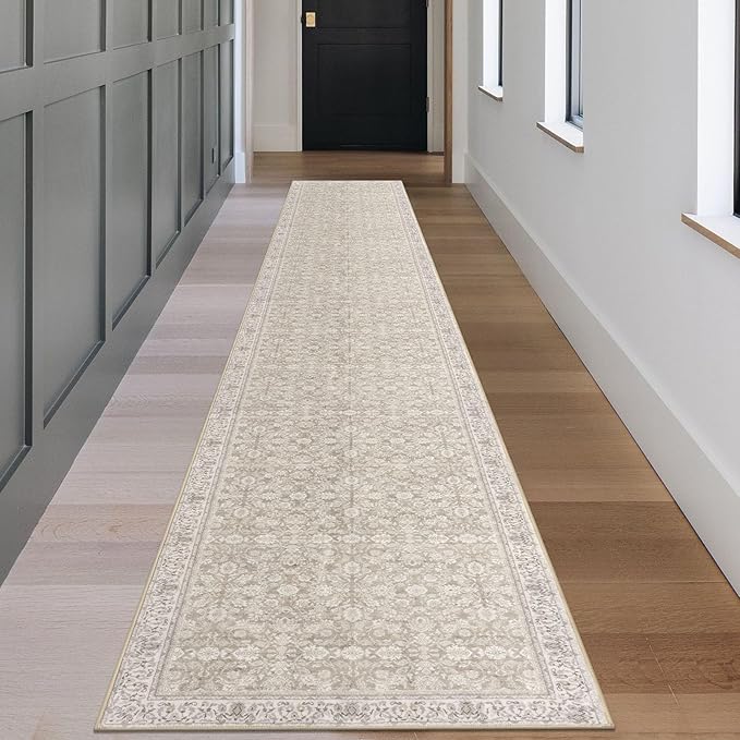 2.6x18 Washable Runner Rug for Kitchen, Cream Beige White Grey Soft Classic Runner with Non-Slip, Non-Shedding Distressed Floral Rug for Hallways Entryway Bedroom Laundry Indoor