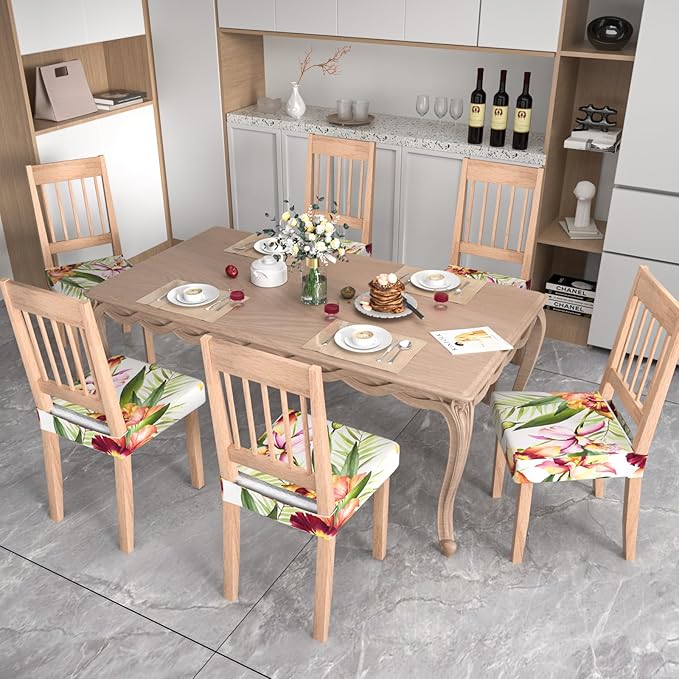 Stretch Dining Chair Seat Covers Set of 6,Dining Chair Slipcovers, Floral Printed Chair Covers,Soft Fabric Washable Upholstered Chair Seat Protector, No Rear Covers for Home Kitchen Dining Room