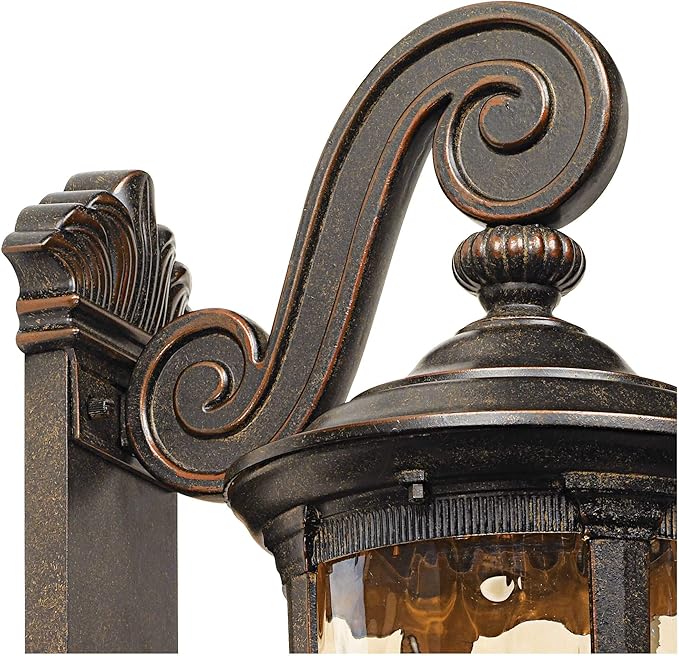 John Timberland Bellagio European Outdoor Wall Light Fixture Bronze Scroll 24" Champagne Hammered Glass Decor for Exterior House Porch Patio Outside Deck Garage Yard Front Door Garden Home