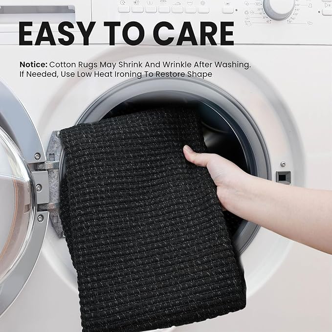 EARTHALL Woven Area Rug 3x5 Ft Washable Rugs for Entryway Braided Non Slip Rubber Backed Throw Rugs Door Mat Indoor Outdoor Entrance Cotton Carpet for Kitchen Foyer Front Door, Black/Grey
