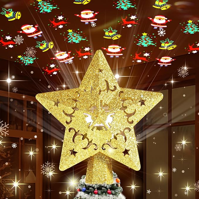 Christmas Tree Topper, Rotating 3D Hollow Sparkling Star Christmas Decorations for Tree Topper, Christmas Tree Star for Xmas Party Holiday Decorations(Gold)