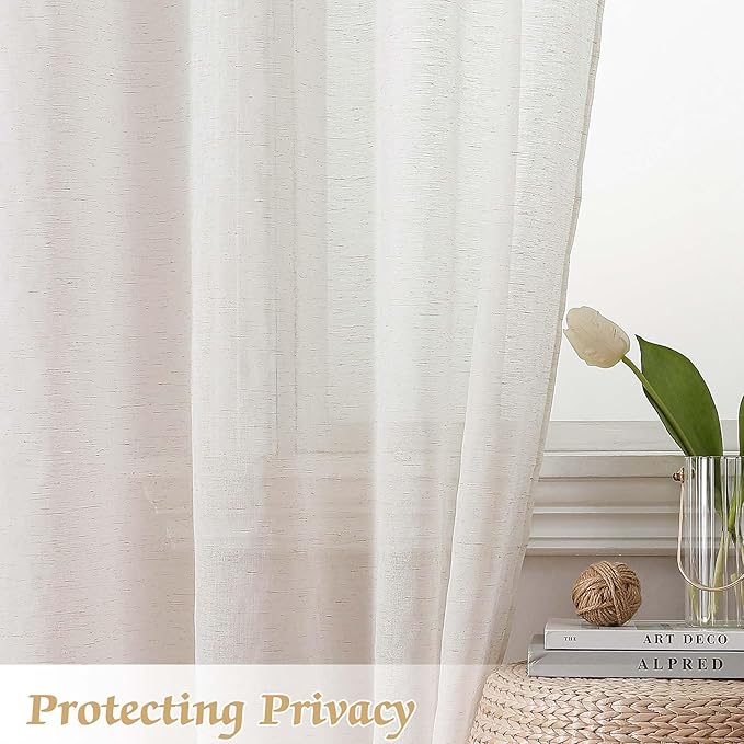 Lecloud Sheer Curtains 63 Inch Length 2 Panels Set, Natural Linen Blend Textured Curtains for Bedroom/Living Room, Farmhouse Window Curtain Drapes with Dual Rod Pocket, Each Panel 42" W x 63" L