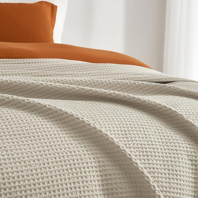 PHF 100% Cotton Waffle Weave Throw Blanket，Pre-Washed Snag Proof Lightweight Breathable Moisture-Wicking for Layering in Cold Weather for Couch Bed,Machine Washable,Home Decor Gift-Linen/Stone