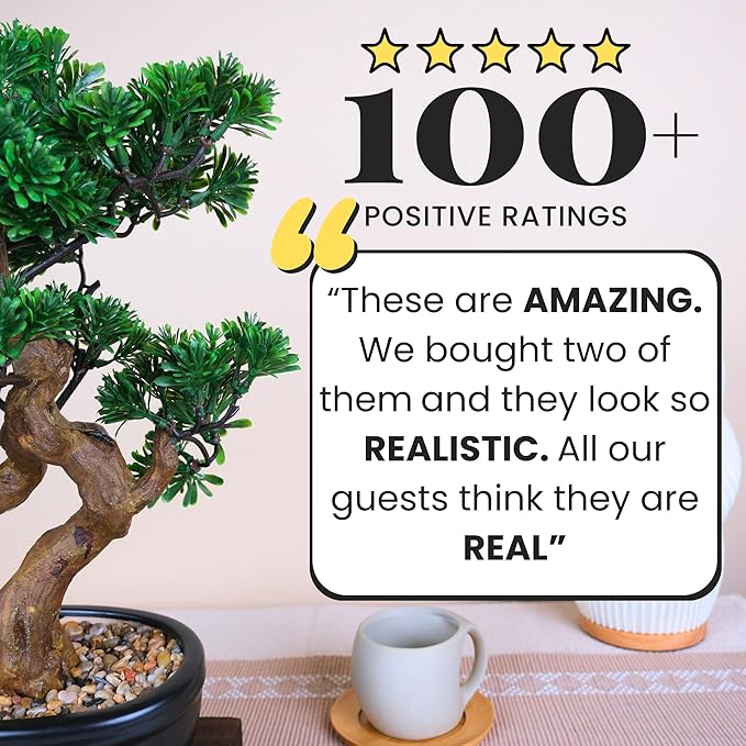Artificial Bonsai Tree 16" Tall with Realistic Wood and Ceramic Pot, Fake Plants for Home, Bedroom and Office Desk, Japanese Decor