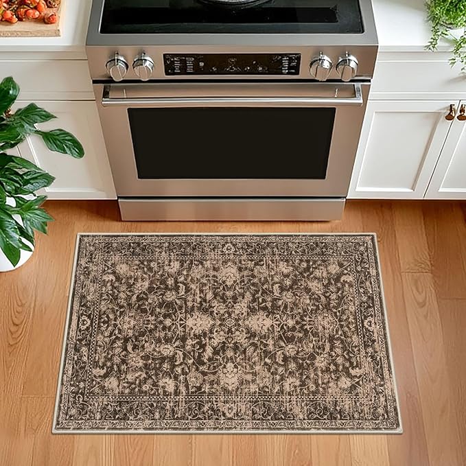 KILOCOCO Moroccan Small Area Rug 2x3 Entryway Rugs Printed Vintage Floral Washable Rug Non-Slip Kitchen Rug Indoor Door Mat, Accent Throw Small Rugs for Laundry Room Bedroom Entrance, Rust Red