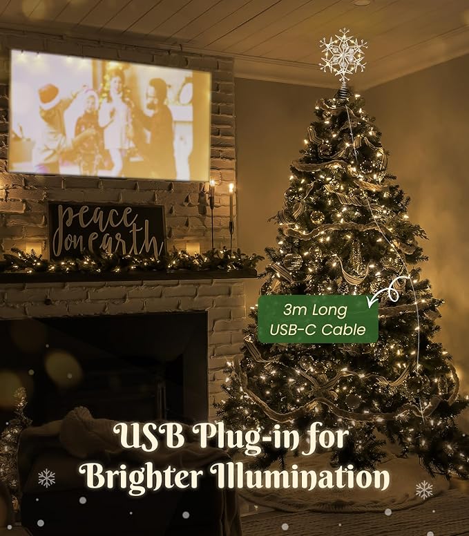 Luxspire Christmas Tree Topper, 9.5" Snowflake Metal Christmas Decorations Lights, Lighted Tree Topper with USB Plug in & Remote Control, Light Up Xmas Trees Vintage Modern Ornaments for Home Party