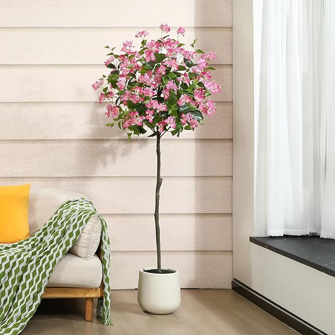 6FT Artificial Bougainvillea Tree- Faux Pink Silk Flowers in White Imitation Ceramic Planter - Fake Plants for Indoor Home Office and Living Room Decor - Perfect Housewarming Gift