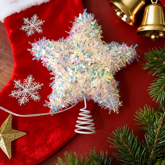 LAWOHO Christmas Tree Topper Star, Exquisite Christmas Decor, Mini Shiny Iridescent 6 Inch Christmas Tree Decoration with 6H Timer, 10 Warm Lights for Xmas Tree, Holiday & Party, Indoor Home