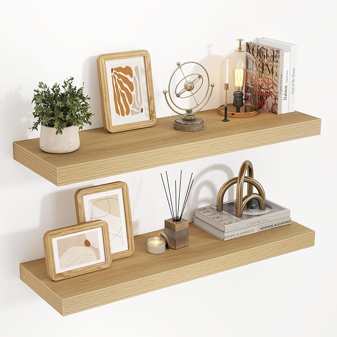 32 Inch Floating Shelves, 3D Textured Wood Grain, 32"x9.25"x1.5" Inch Deep Floating Shelves for Wall, Wooden Shelves for Bathroom, Bedroom, Living Room, Natural, 2 Pieces