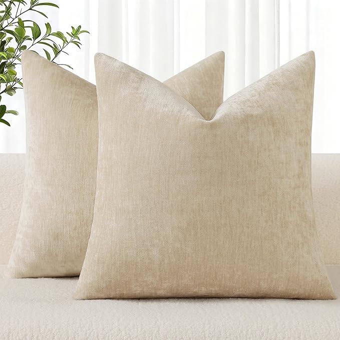 decorUhome Chenille Beige Christmas Throw Pillow Covers 24x24 Inch Set of 2, Decorative Soft Couch Pillow Covers Solid Dyed Accent Farmhouse Neutral Square Pillow Cases for Sofa