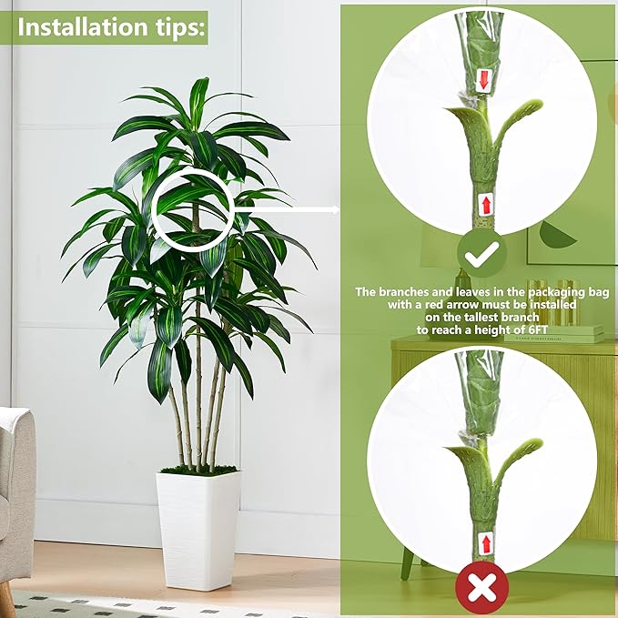 Artificial Dracaena Tree-6FT Tall Fake Plants with White Tall Planter-Artificial Plants Indoor Floor Plant in Pot-Large Tropical Fake Yucca Potted Tree for Home Office Living Room Decor