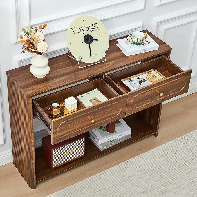 ORRD Fluted Console Table with Drawers, Mid-Century Narrow Entryway Table with Open Storage Shelves, Hallway Accent Tables Behind Couch Tables for Living Room (Walnut)