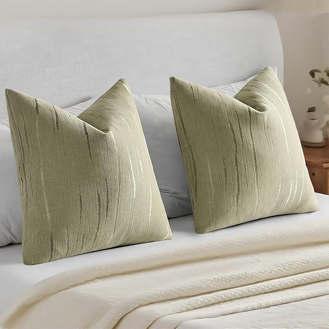 HAUSSY Olive Green Throw Pillow Covers 24x24 Inch Set of 2, Boho Embossed Striped Textured Decorative Pillowcases Soft Chenille Cushion Cases, Modern Home Decor for Couch Bed Living Room