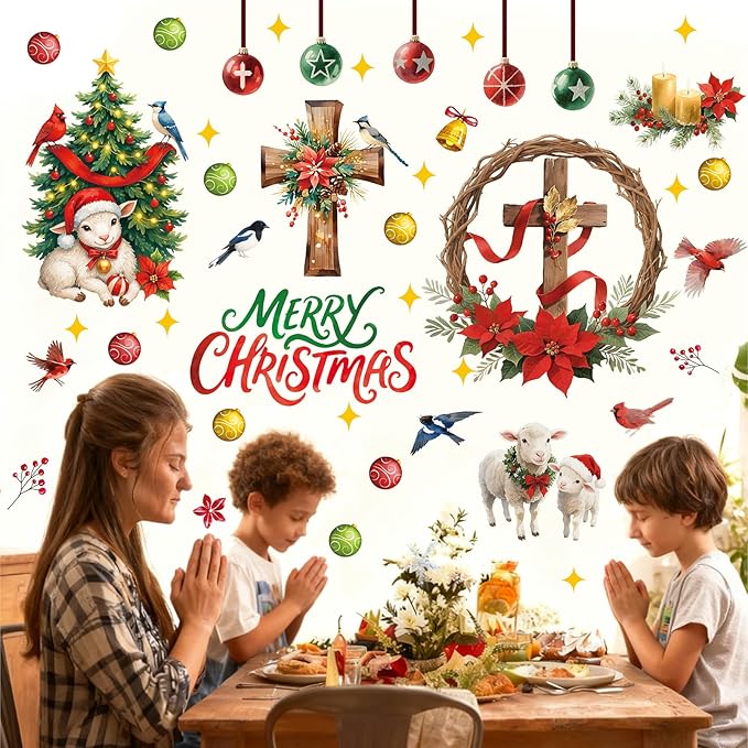 Merry Christmas Window Clings,Christian Christmas Window Stickers Sheep,Christian Jesus Wall Decals,Xmas Religious Cross Wall Stickers for Party Home Living Room Bedroom