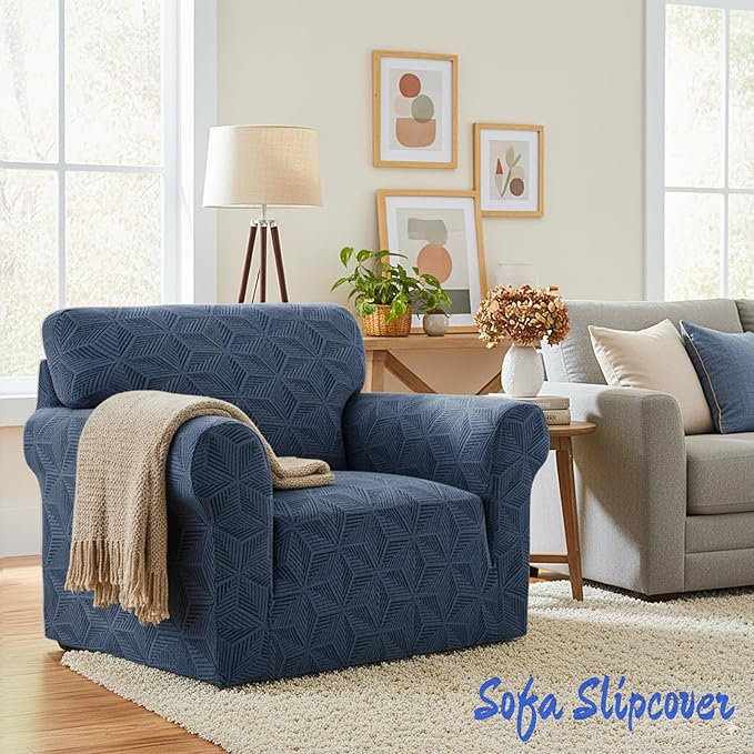 YEMYHOM 1 Piece Stretch Chair Sofa Slipcovers Couch Covers for 1 Seat, Jacquard Armchair Covers with Non-Slip Elastic Bottom, Thickened Furniture Protector for Dogs Pets kids (Small, Navy）