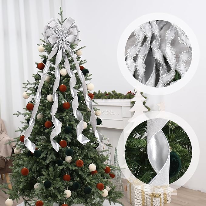 SY Super Bang Velvet Christmas Tree Topper, Silver/Gold 48x12 Inch Christmas Bow Tree Topper for Xmas Tree Decorations, for Xmas Ornaments Holiday Home Indoor/Outdoor Wedding Thanksgiving Decor.