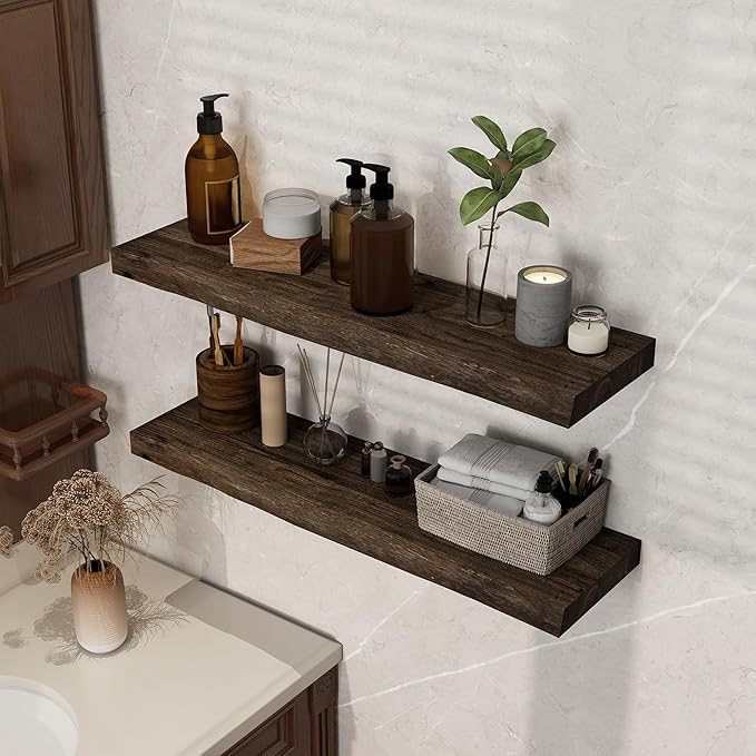 Rustic Floating Shelves for Home Decor, 32 Inch Long Wall Shelves Set of 2, Solid Elm Wood Live Edge Floating Shelf for Wall, 8 Inch Deep Bookshelf for Storage, 32 x 8 Bathroom Shelf, Walnut Color