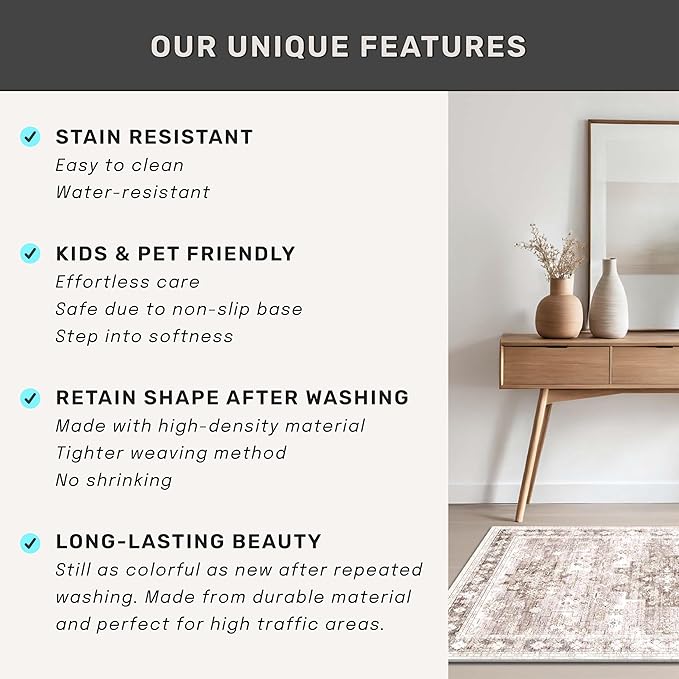 Boho 2x7 Long Runner, Neutral Farmhouse Hallway Rug, Small Throw Runners for Bedroom, Bathroom, Kitchen, Vintage Floral Decor & Non-Slip Low-Pile Washable Stain Resistant, Latte Beige
