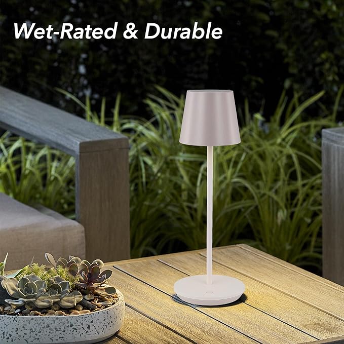 Generation Lighting Mena Accent Rechargeable Table Lamp – 14.5” Pale Pink Steel Lamp with 3-Way Base Switch, 2.4W Up/Down LED at 2700K, 260 Lumens, USB-C, Wet Rated (8000701-137)