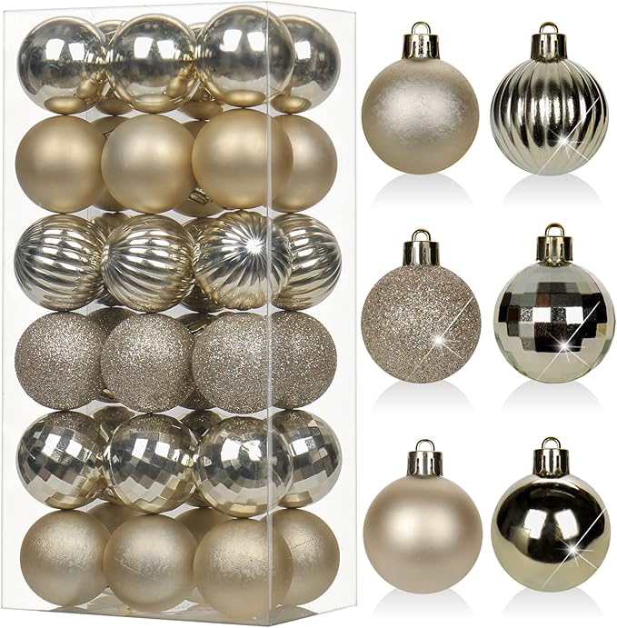 1.57" Champagne Christmas Ornaments for Christmas Tree 36 Pcs Mini Shatterproof Balls Christmas Tree Decorations Small Xmas Ornaments Ball with Hanging Loop for Wedding Holiday Party Wreath Home Decor
