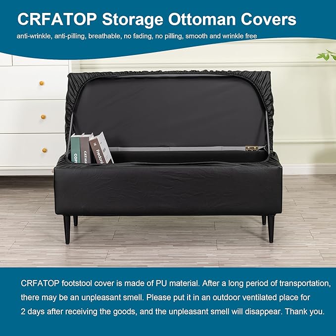 CRFATOP Waterproof PU Ottoman Stool Cover Stretch Folding Storage Footstool Bench Slipcovers Upholstered Foot Chest Chair Covers Washable Entryway Furniture Protector with Elastic Bands,M,Black