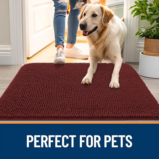 OLANLY Dog Door Mat for Muddy Paws 54x32, Absorbs Moisture and Dirt, Absorbent Non-Slip Washable Doormat, Quick Dry Chenille Mud Mat, Entry Indoor Entryway Carpet for Inside Floor, Caramel Russet