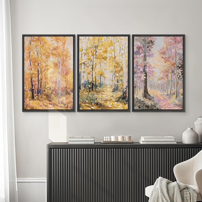 SIGNWIN Framed Canvas Print Wall Art Set Golden Autumn Forest Path Impressionist Landscape Illustrations Modern Art Decorative Chic Calm for Living Room, Bedroom, Office - 16"x24"x3 Black