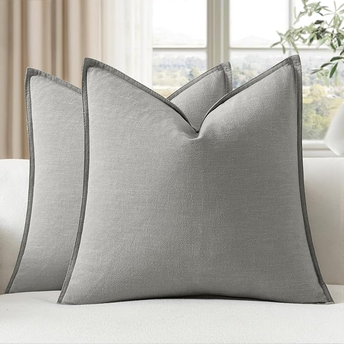 EMEMA Decorative Linen Throw Pillow Covers 20x20 Inch Light Grey Boho Farmhouse Neutral Couch Throw Pillows for Bed Pack of 2 Accent Pillowcase Modern Sofa Cushion Livingroom Home