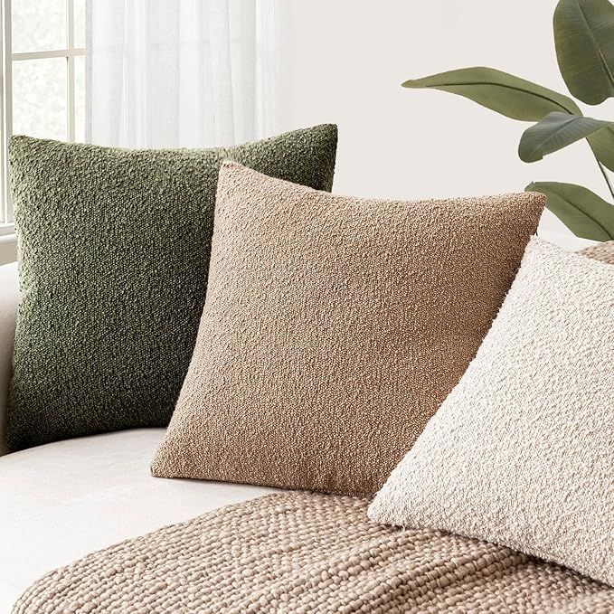 Foindtower Set of 2, Decorative Textured Boucle Throw Pillow Covers Accent Solid Pillow Cases Neutral Soft Cozy Couch Cushion Case for Chair Sofa Bedroom Living Room Home Decor 16x16 Inch Moss Green