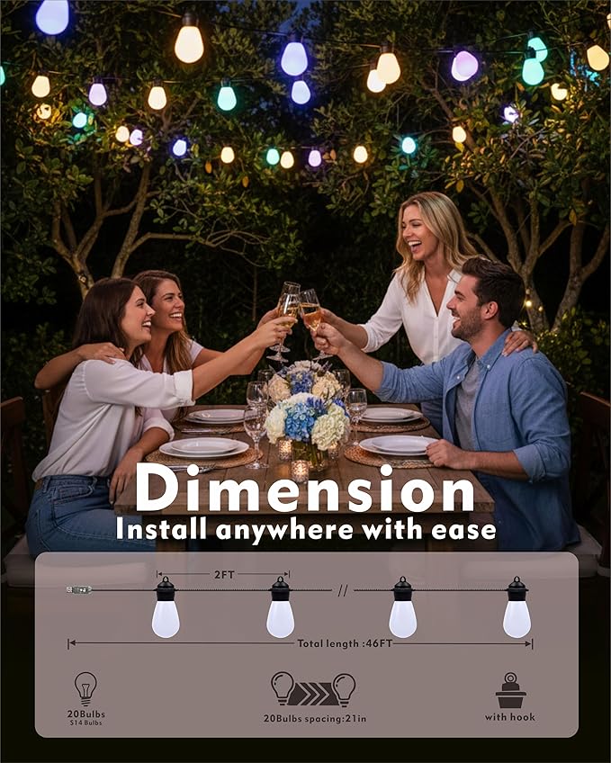 Honche Outdoor String Lights S14, 46FT Patio Lights with 20 Shatterproof LED Bulbs, APP & Remote Control, 213 Scene Modes, USB Powered, IP67 Waterproof for Garden, Wedding, Party, Camping