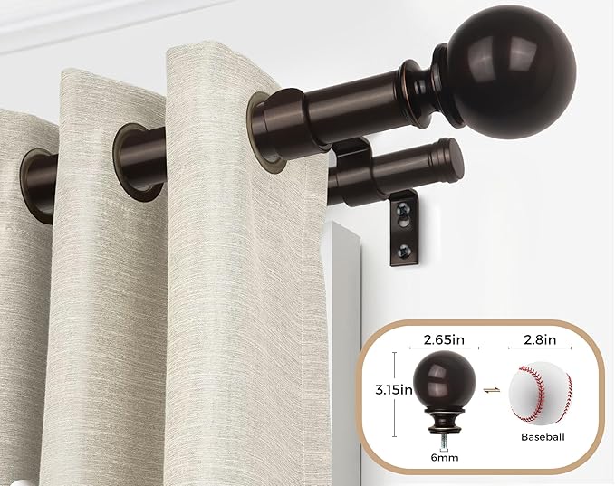 KAMANINA Bronze Extra Long Curtain Rods for Windows 120 to 170 Inches, 1 Inch Double Decorative Curtain Rod 140 to 195 Inches (11.6-16.3 Feet), drapery Rods with Round Finials