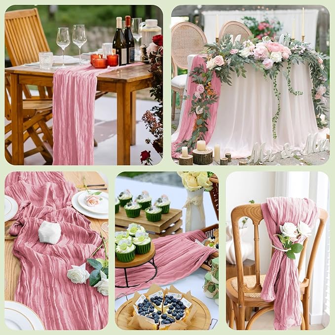 Asee'm 3pcs Cheesecloth Table Runner 120 Inches Long Pink Boho Gauze Cheese Cloth Runner 10FT Rustic Sheer Table Runners for Christmas Wedding Party Baby Shower Spring Easter Decoration