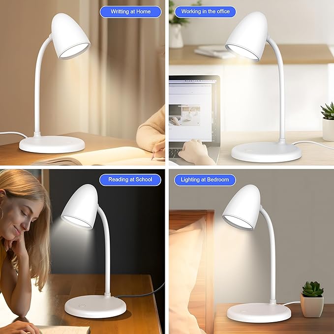LED Desk Lamp for Home Office,3 Light Colors,Table Lamp,Dimmable Reading Light for Bedside Small Desk Lamp for College Dorm Room,Bedroom Desk Light,White