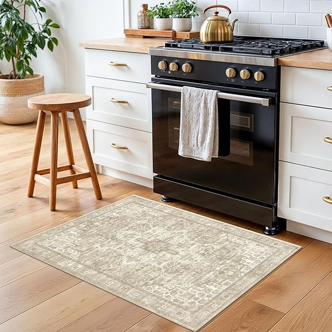 2x3 Washable Printed Rug for Entryway, Light Beige Grey Brown Boho Low-Pile Area Rug Soft Non-Slip Indoor Door Mat, Vintage Kitchen Rug, Oriental Small Floor Carpet for Bedside Entrance
