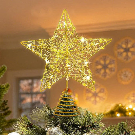 Athoinsu Light up Christmas Tree Topper Star 10 Inch Gold Glitter Christmas Ornaments Decoration with Warm LED Lights, Xmas Tree Topper Ornament for Holiday Christmas Party Home Decor