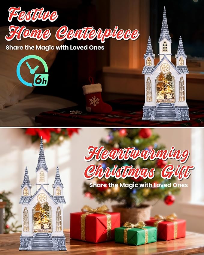 Large Christmas Church Nativity Snow Globe Light up Snowglobe with Music, 9.84" White Christmas Snow Globes for Kids Adults, 6H Timer & Dual Power, Angle Snowglobes Christmas Decorations Indoor