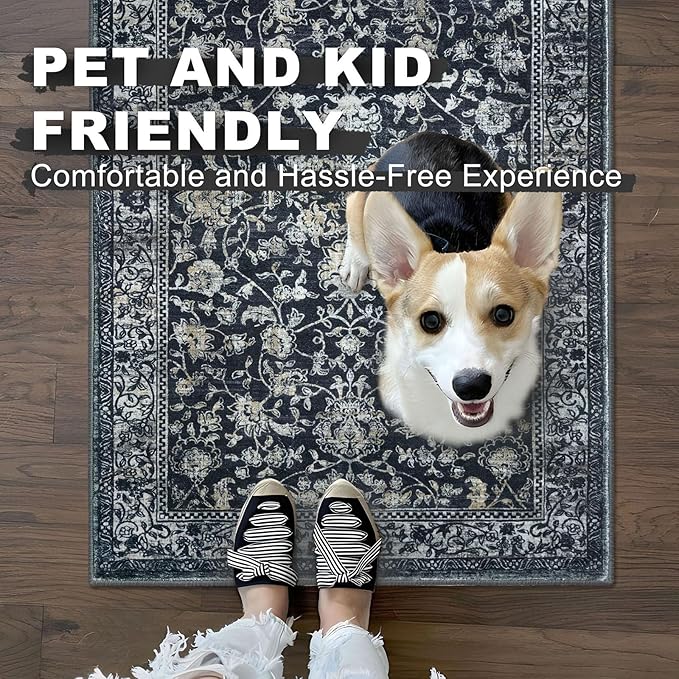 KILOCOCO Hallway Runner 3x8 Rug Runner Printed Vintage Floral Washable Kitchen Runners Non-slip Rubber Backed Runners for Hallways Laundry Room Distressed Boho Rugs for Entryway Bedroom, Navy/Charcoal